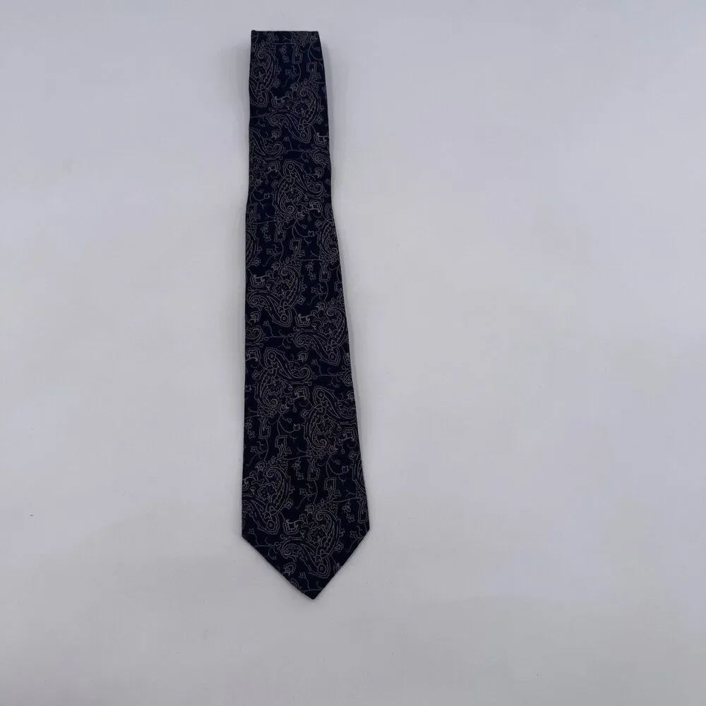 Ferrell Reed Tie All Silk Black Paisley In Cream & Violet VTG Fast Shipping